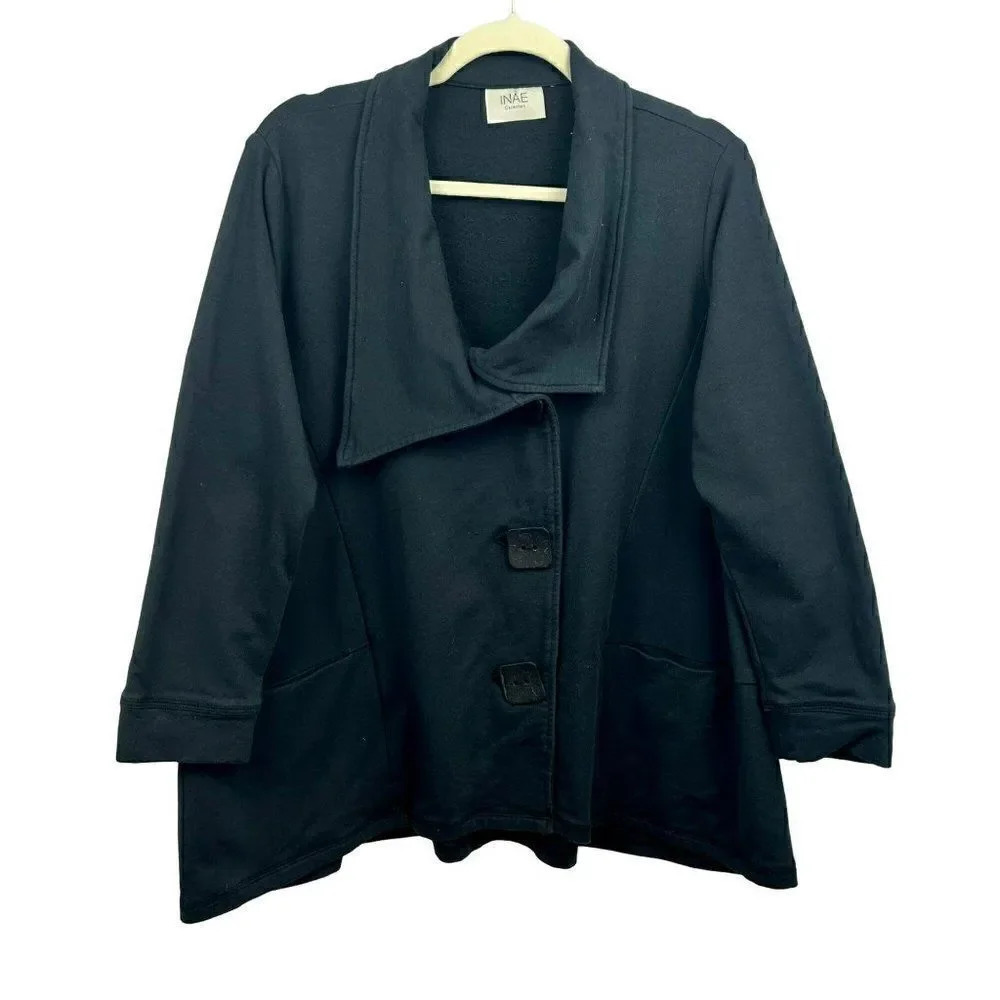 INAE Collection Jacket Knit Material, Statement Buttons, Lagenlook, Black Medium